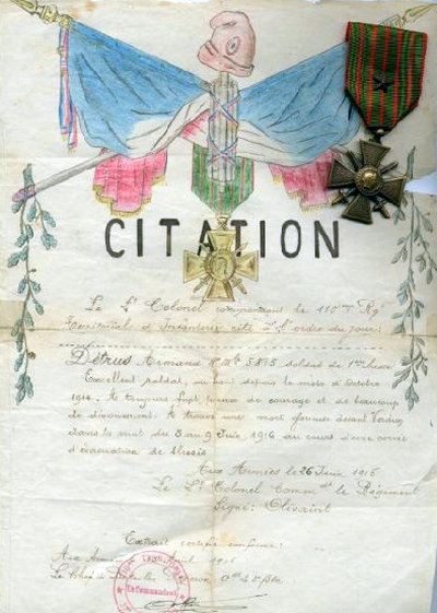 Dokument zur Verleihung des Croix de Guerre an Armand Detrus