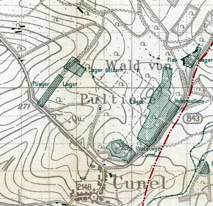 Wald von Pultière mit dem Flieger-Lager am Westrand